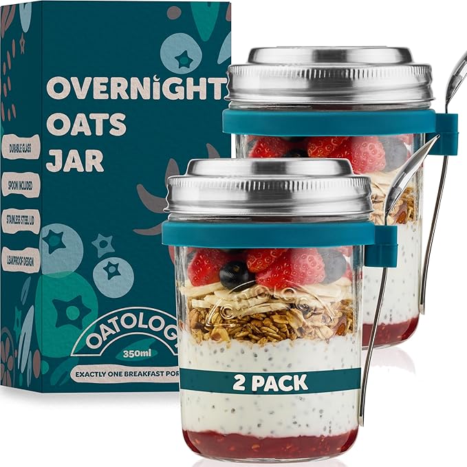OATOLOGY Overnight Oats Jar Container | Upgraded for 2026 with Unique Lid, Spoon, Jar Markings | Start the Year Healthy | 2 pack