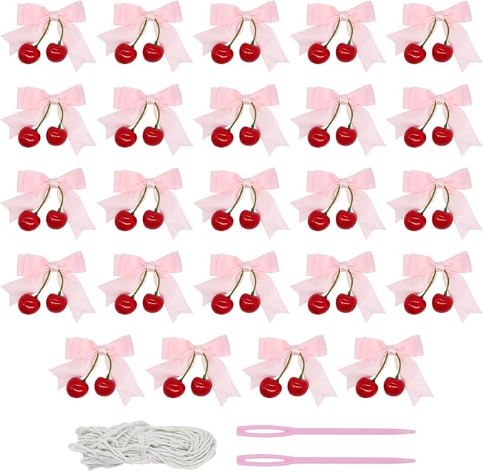 24 Pairs of Bow Cherry Christmas Ornaments with String and Needles for DIY, Vibrant Cherry Birthday Decorations, Party Photo Background Wall Tree Decoration for Home Kitchen Seasonal Décor