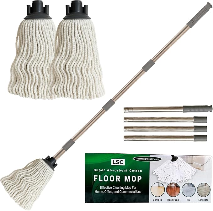 LSC Cotton Floor Mops Looped String Mop with 120cm Long Stainless Steel Handle Extra Replacement Mop Head Scratch-Free Absorbent Classic for Tile Wood Floor Kitchen Bathroom