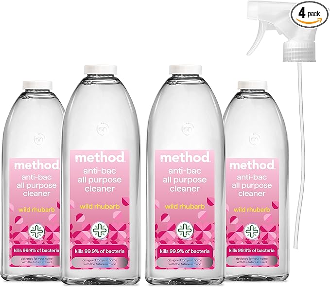 Method Antibacterial All Purpose Spray, Powerful Formula Kills 99.9% of Bacteria, Wild Rhubarb, Pack of 4, 828ml