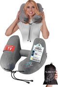 FLOWZOOM Air Inflatable Neck Support Travel Pillow for Airplane – H-Shape Neck Cushion with 5 Sleeping Positions, Quick Inflation, Adjustable Pressure, Detachable Hood, Soft Plush Cover – Size M, Grey