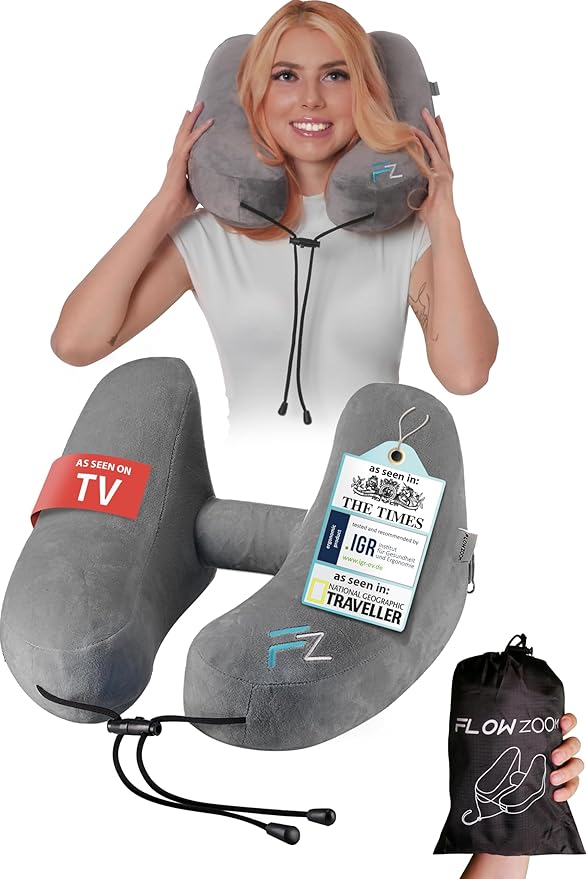 FLOWZOOM Air Inflatable Neck Support Travel Pillow for Airplane – H-Shape Neck Cushion with 5 Sleeping Positions, Quick Inflation, Adjustable Pressure, Detachable Hood, Soft Plush Cover – Size M, Grey