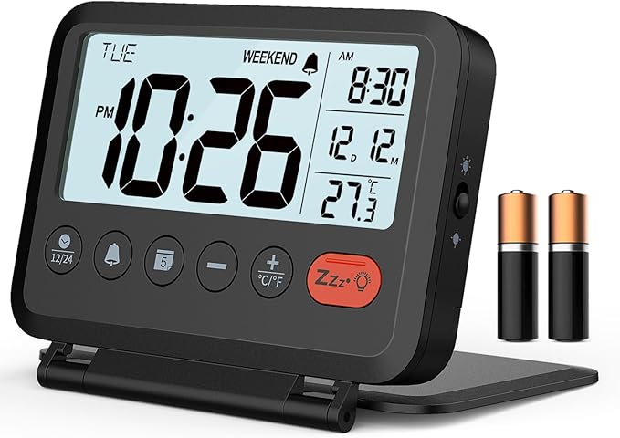 Travel Alarm Clock: 2-Level Backlight, 2 Volumes, 12/24H, Calendar, Temperature, Weekend Mode, Snooze, Folding Cover, Battery Operated Small Digital Clock (AAA Batteries Included)