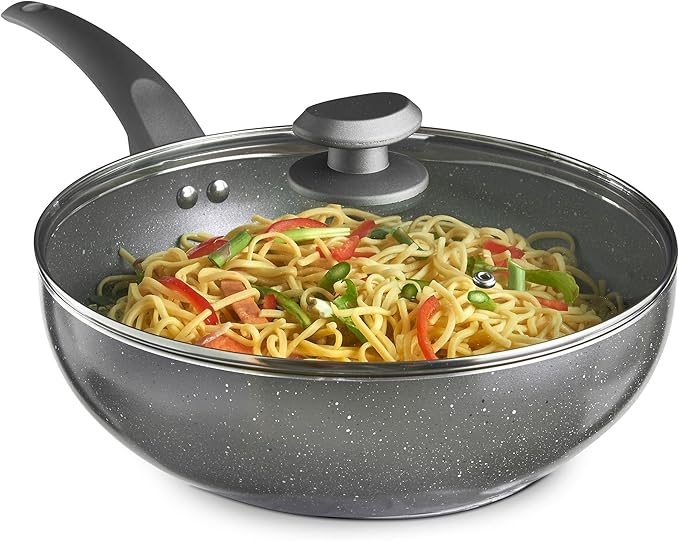 VonShef Non-Stick Wok, Induction Safe Non-Stick Frying Pan, Deep Aluminium Stir Fry Wok with Glass Lid & Stay Cool Handle, 28cm Diameter & Marble Finish
