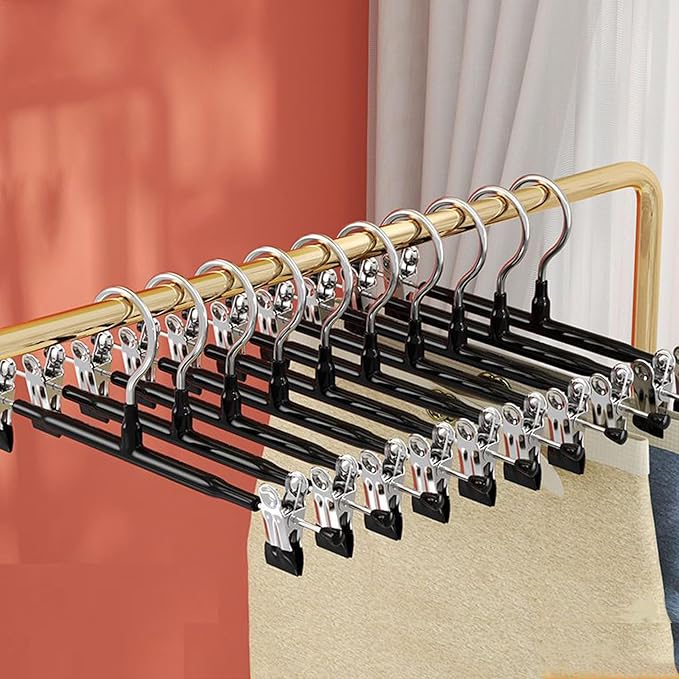 Trouser Hangers -10Pack Skirt Hangers with Adjustable Non Slip Clips Strong Chrome Clothes- Space Saving Pant Hangers (Black)