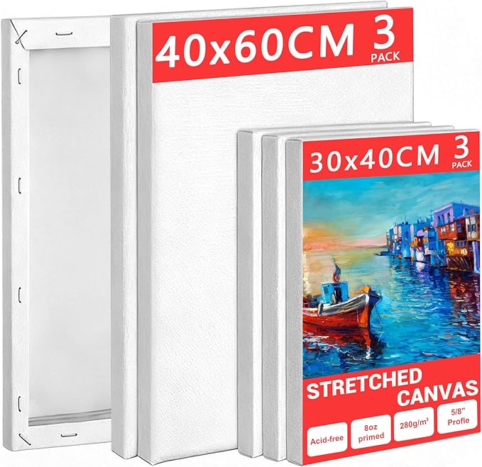 Mokani Stretched Canvas for Painting, 6 Pack 30x40 40x60cm (3 Pcs Each) Blank Large Canvas, Acid-Free Cotton 280GSM Triple Primed A2 A3 Painting Canvases for Acrylic Oil Watercolor, Artist & Beginner
