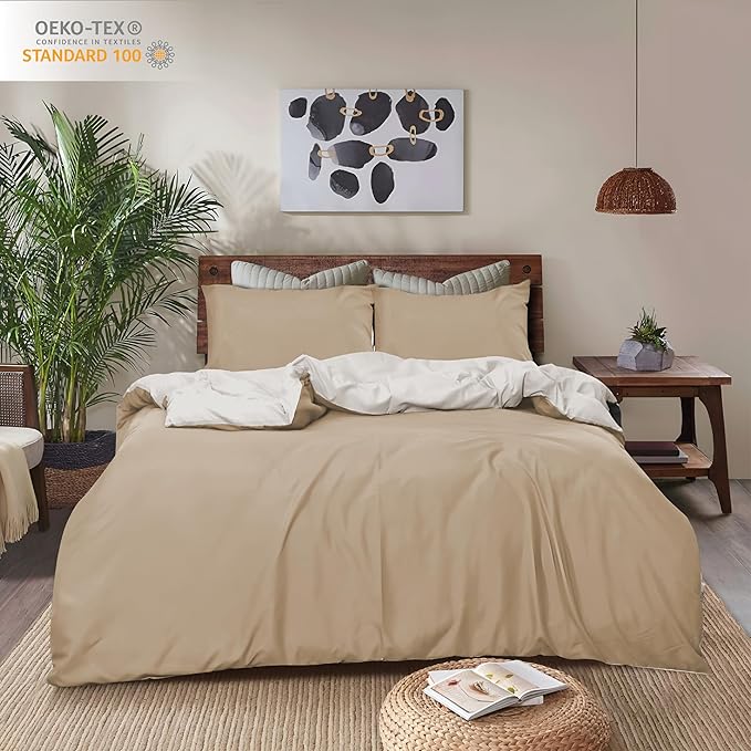 REHAN & CO Double Duvet Cover Sets – Soft Brushed Microfiber Bedding – Reversible Quilt Cover With Pillow Cases (Mink/Cream)