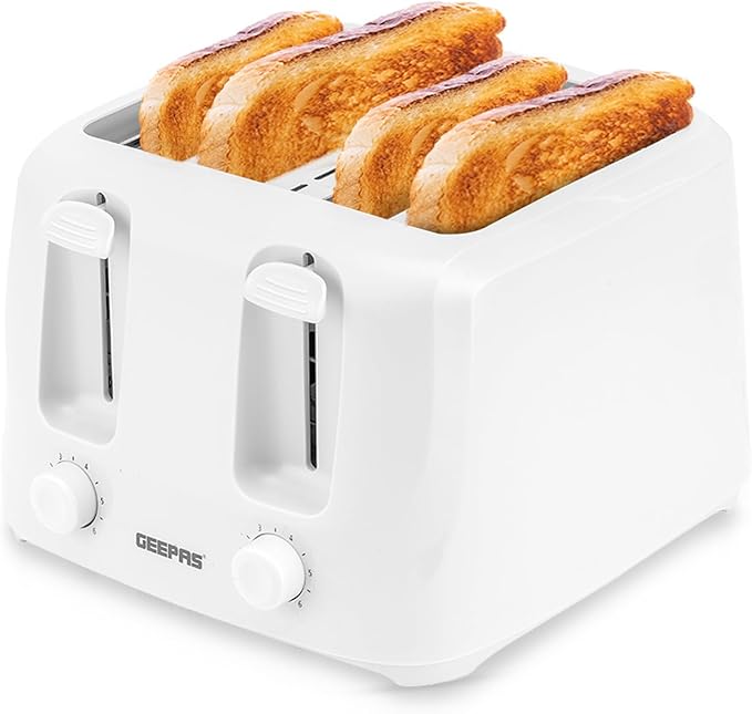 GEEPAS 4 Slice Toaster | 6 Browning Levels with Cancel Function | For Thin Small Bread Slice | 2 Independent Controls 2 Removable Crumb Trays Cool Touch High Lift | 1 Yr Warranty 1400W White