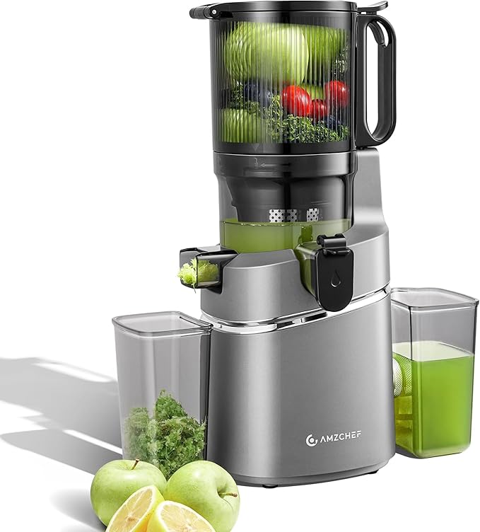 AMZCHEF Automatic Cold Press Juicer Machines 250W Free Your Hands -145MM Opening and 2L Capacity Slow Juicers for Whole Fruit and Vegetable, Bright Grey