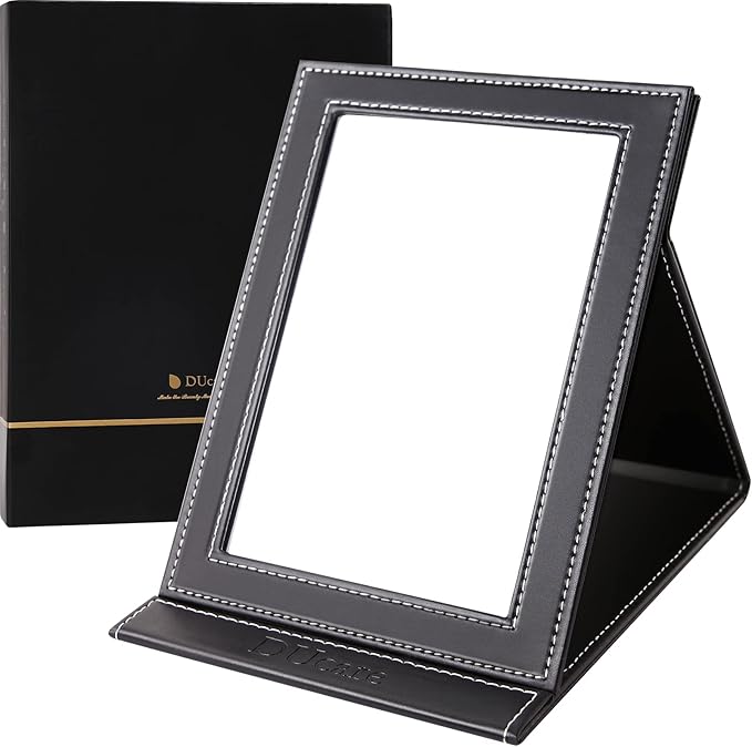 DUcare 6" x 8" Folding Desk Mirror - Ultrathin Portable Travel Mirror with Adjustable Stand, HD Distortion-Free & Cushioned Edges, for Camping/Office/Home