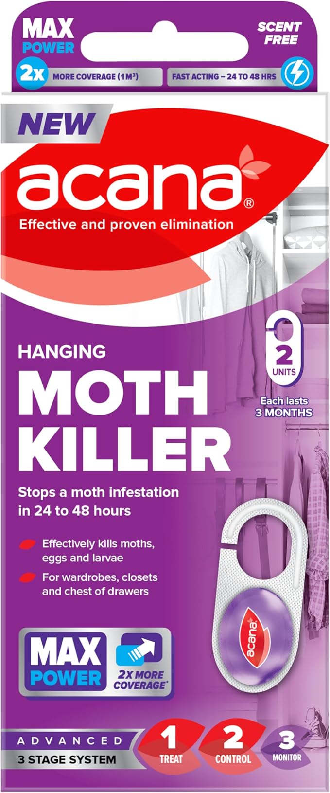 Acana Hanging Moth Killer 2 pack For Wardrobes - Max Performance - Kills in 24 to 48 Hours - Protects Clothing & Bedding