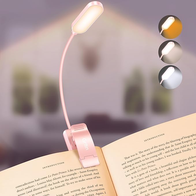 Gritin 16 LED Book Light, Reading Light 3 Eye-Protecting Modes Book Lamp (White/Amber/Mixed) - Stepless Dimming, Rechargeable, 4-Level Power Indicator, Flexible Clip on Book Light - Pink