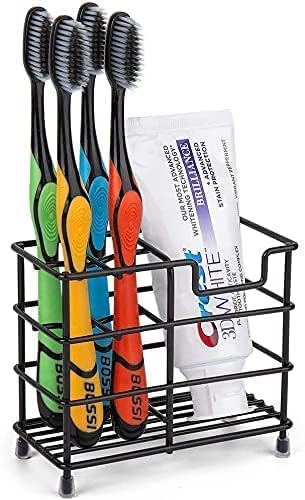 Toothbrush Holder Stainless Steel Black, Small Ventilated Mould-Proof Toothbrush Caddy, Antibacterial Metal Toothpaste Stand for Easy Bathroom Storage
