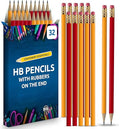SOL 32pk HB Pencils with Erasers, Strong Graphite Lead for Smooth Writing and Drawing, Eraser-Tipped Design for School, Office, Art, Sketching and Everyday Use