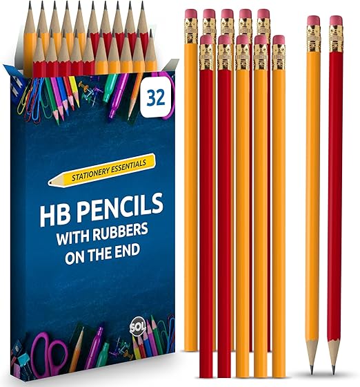 SOL 32pk HB Pencils with Erasers, Strong Graphite Lead for Smooth Writing and Drawing, Eraser-Tipped Design for School, Office, Art, Sketching and Everyday Use