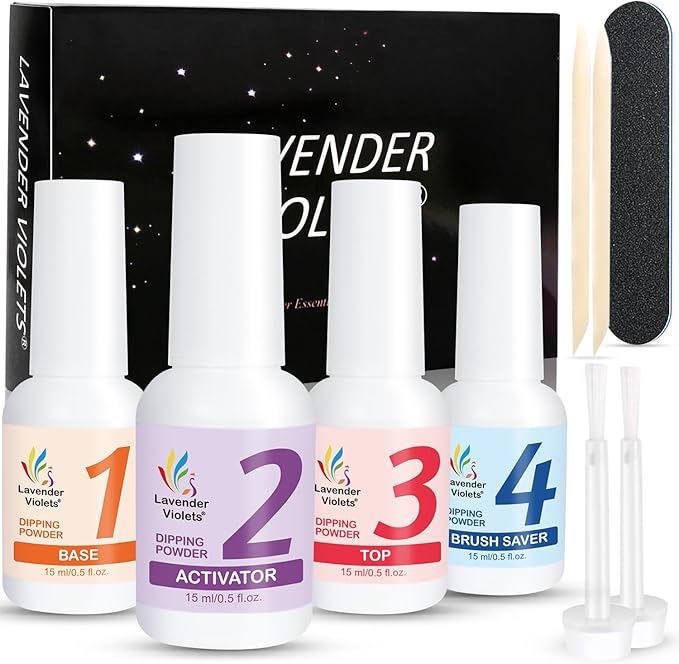 Lavender Violets Acrylic Dipping Powder System Essentials Kit 15ml Big Bottles Liquid Glue Set Steps 1-4 Base Coat Activator Top Brush Saver No Need Cure Manicure J776
