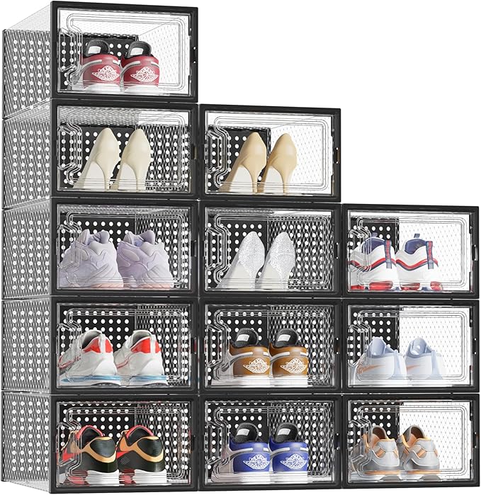 HOMIDEC Shoe Storage Box,12 pcs Stackable Shoe Boxes Clear Plastic Shoe Organizer Shoe Containers with Lids for Women/Men Fit UK 9.5,BLACK