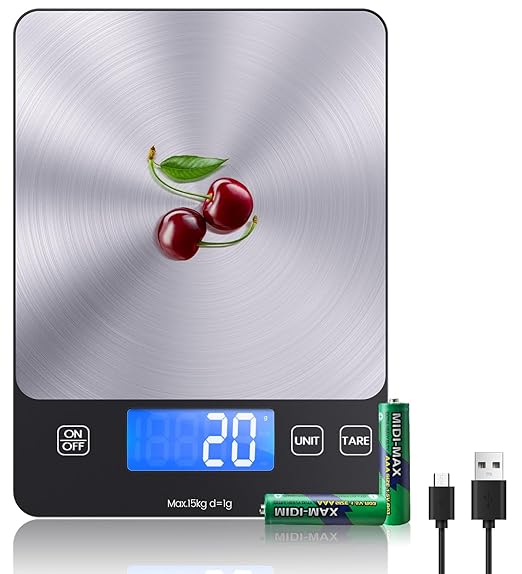 【 USB C Rechargeable & 15 Kg】Digital Kitchen Scale, Electronic Kitchen Scale, High Precision 1g/0.1oz Food Scale, Professional with Tare Function, Batteries Included