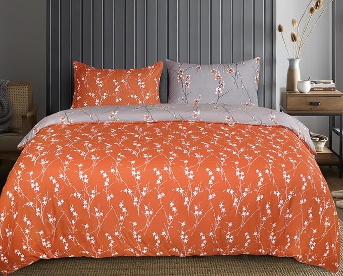 MOONLIGHT20015 King Size Duvet Cover Sets Soft Printed Luxury Bedding Set Brushed Microfiber Duvet Covers with Pillowcases (Rust Flower 230x220 CM)