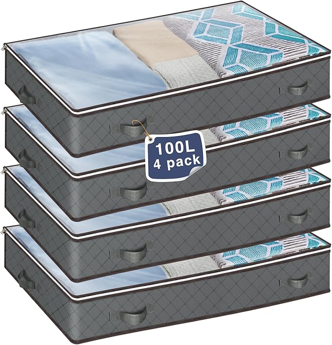 MIXC 4 Packs Underbed Storages, 100L Large Under Bed Storage Box with Lid, Storage Boxes with Lids, Storage Bags with Zip for Clothes, Comforters, Blankets, and Bedding