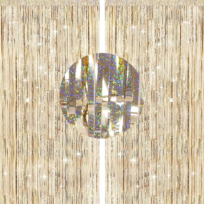 G2PLUS Champagne Gold Glitter Foil Curtains, 2PCS Metallic Tinsel Foil Fringe, 1m×2.5m Party Backdrop Streamers for Birthday Wedding Prom Decoration