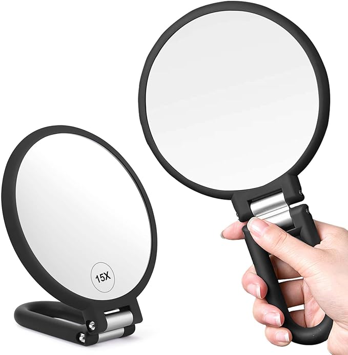 Magnifying Handheld Mirror Double Sided, 1X 15X Magnification Hand Mirrors, Travel Folding Hand Held Mirror, 360°Rotation Pedestal Makeup Vanity Mirror