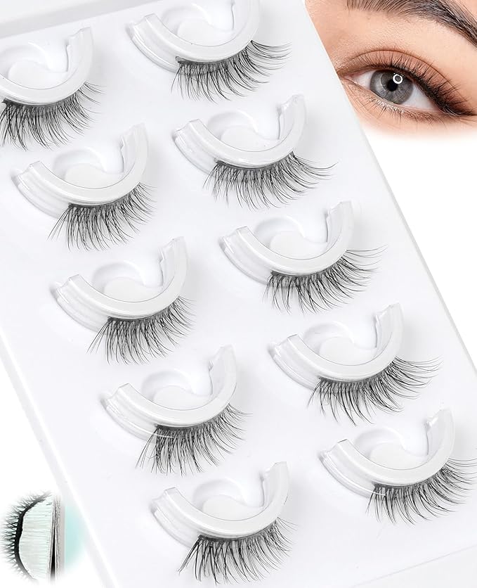 Obeyalash Pre Glued Half Lashes - Pre Glued Eyelashes Self Adhesive Eyelashes Stick On Lash 5 Pairs Natural Wispy 3/4 Lashes With 10 Extra Adhesive Strips & Tweezer-For Beginners, Work & Parties