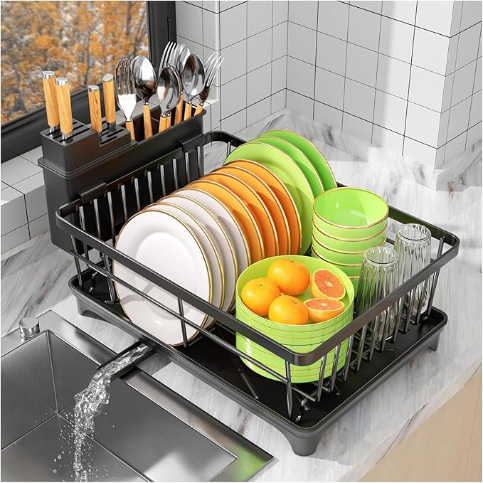 Dish Drainer Rack - Space Saving Dish Rack for Kitchen Counter, Kitchen Dish Drainer with Utensil Holder, Drain Board, Black