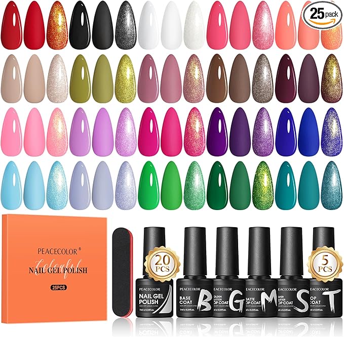 PEACECOLOR 25PCS Gel Nail Polish Set - 20 Colours Gel Polish Set All Seasons White Black Red Blue Green Nail Polish with Base Glossy Matte Glitter Top Coat Soak Off Gels Home Beginner Gift for Women