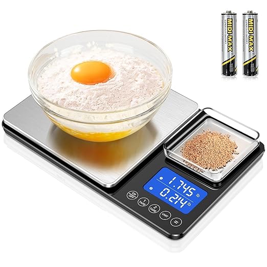 Dual Platform Kitchen Scales with High Precision: 15kg/33lb Capacity at 1g & 500g Capacity at 0.01g, Professional Food Scales for Baking Sourdough Bread and Cooking, 7 Units, Tare, Accumulation