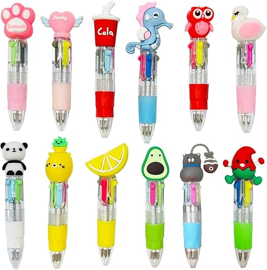 Multicoloured Pens, 12 PCS Pens for Kids 4-Color Fun Cartoon Mini Retractable Ballpoint Pens, Party Bag Fillers for Kids Class School Supplies