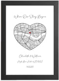 Personalised Heart Map Print | Special Location Gift for Couples - Valentines Gifts For Her, Romantic Gift For Him, Annniversary, Wedding, Birthday, Custom A5, A4 or A3 With Optional Framed Unframed