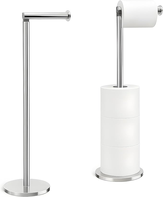 Black Freestanding Toilet Roll Holder – Durable Stainless Steel, 2-in-1 Toilet Paper Holder, Holds 1 Roll & Stores 3, Anti-Slip Base for Stability (Chrome)