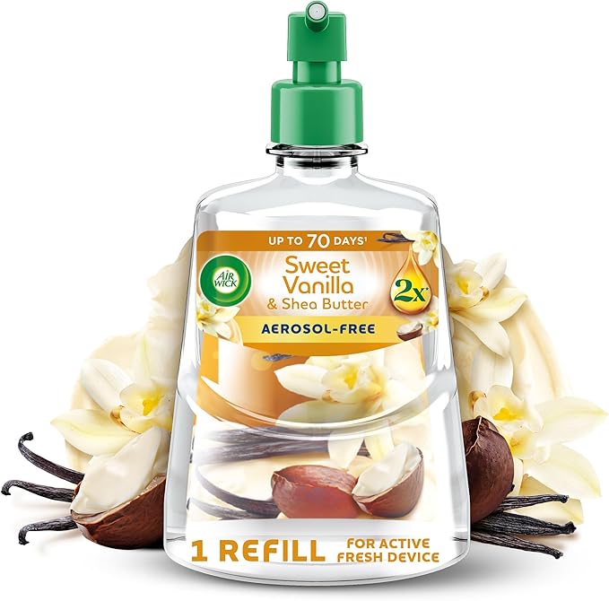 Air Wick Aerosol-Free Automatic Air Freshener Spray Refill, Sweet Vanilla & Shea Butter, Pack 1 x 228ml, 24x7 Active Fresh Odour Neutraliser, Lasts Up to 70 Days, Air freshener For Home