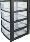 Mini 4 Drawer Plastic Storage Tower - Compact Desktop Organiser with Clear Drawers for Makeup, Toiletries, Stationery - Lightweight & Durable Storage Tower - Pink, Blue or Black, 40x26x19cm (Black)