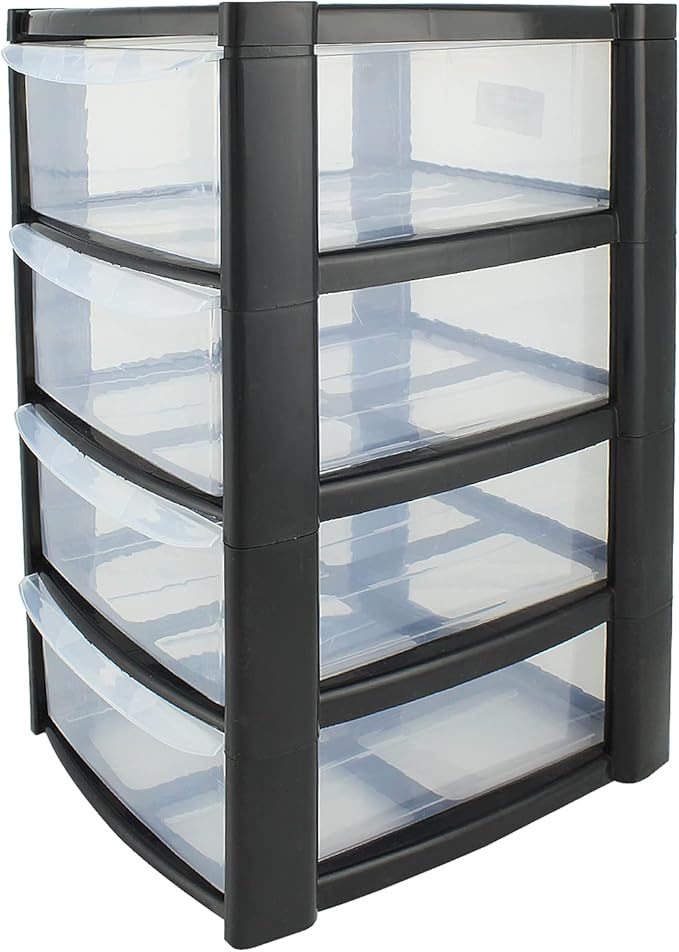 Mini 4 Drawer Plastic Storage Tower - Compact Desktop Organiser with Clear Drawers for Makeup, Toiletries, Stationery - Lightweight & Durable Storage Tower - Pink, Blue or Black, 40x26x19cm (Black)
