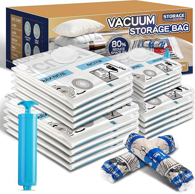 Storage Master Space Saver Bags for Travel and Home Reusable Vacuum Storage Bags Save 80% More Storage Space Work with Vacuum Cleaner (20 Combo, with Hand Pump)