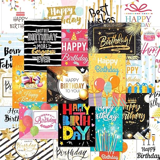 DEEPLAY 24 Holographic Birthday Card Assortment, Foil Gold Blank Greeting Card, Birthday Cards with Envelopes and Stickers, Glossy Elegant Bulk Happy Birthday Notes (4.7'' X 6.7")