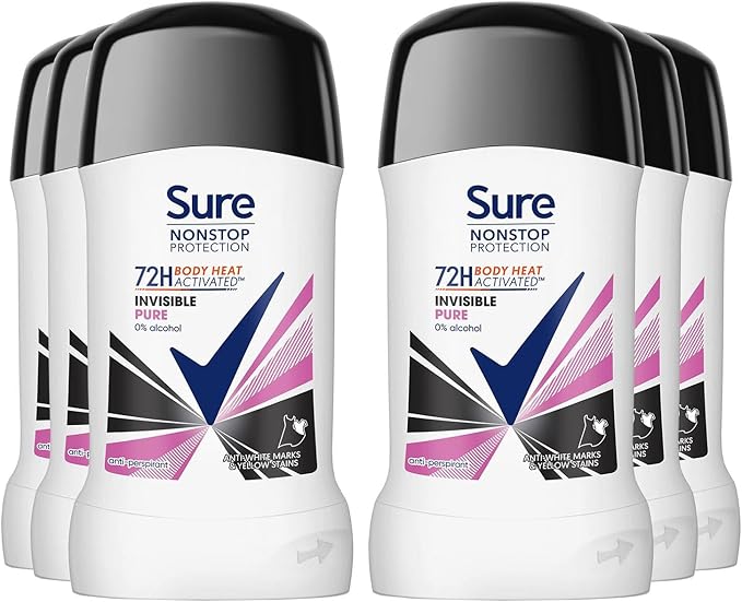 Sure Antiperspirant Deodorant Stick Invisible Pure 72H Nonstop Sweat and Odour Protection Roll On with Fresh and Light Scent Deodorant for Women, 50ml Pack of 6