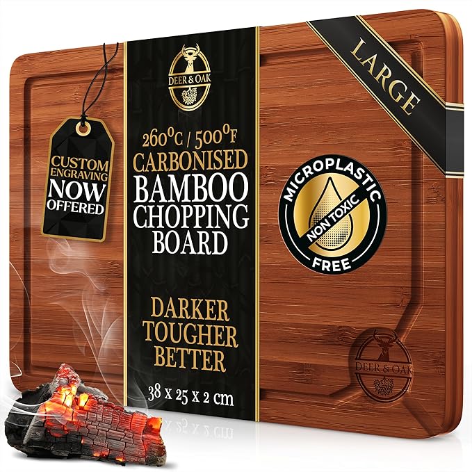 Deer & Oak Large Carbonised Cutting Board 38 x 25 x 2cm, Pre-Oiled Wooden Bamboo Chopping Board for Carving Meat, Fish, Vegetables, Fruits, Cheese, Bread