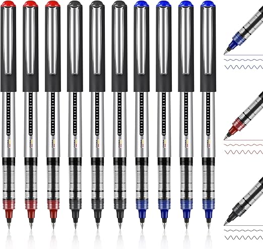 OFFCUP Gel Pens, 10pcs Liquid Ink Rollerball Pen, 0.5mm Quick-Drying Ballpoint Pens Rollerball Pens Writing Pens for Bullet Journal, School & Office Accessories for Students Adults (Black,Blue,Red)