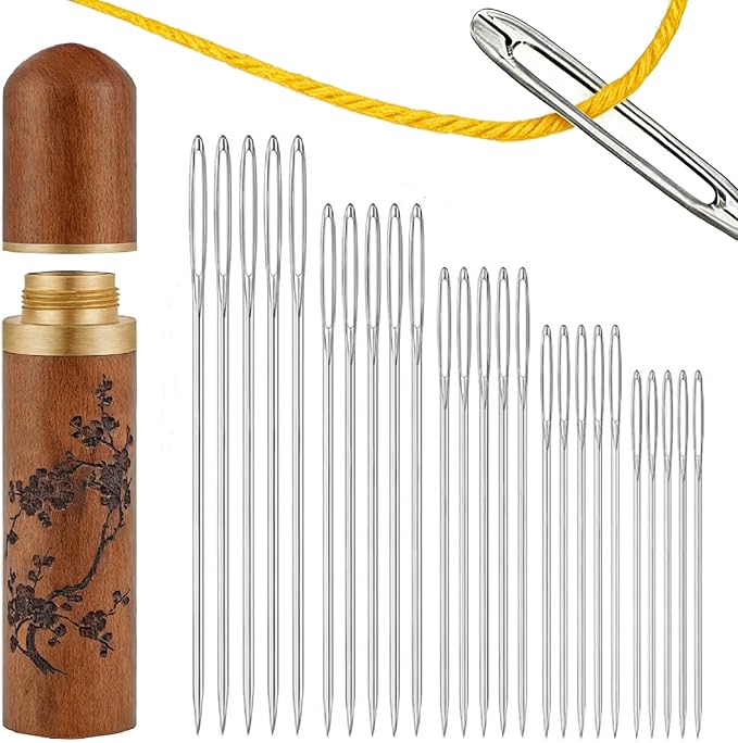 25 Pcs Stainless Steel Large Eye Hand Sewing Needles with Exquisite Sandalwood Case with Plum Blossom Pattern,Embroidery-Needles,5 Size Sewing Needles for Hand Sewing, Embroidery & Crafting