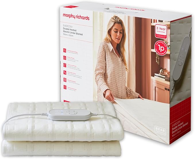 Morphy Richards EverCosy Electric Under Blanket, Double, 150x122cm, For Back Pain and Cold Nights, 9 Heat Settings, 9hr Timer, BEAB Approved, 3p/hr Cost, 600121, Cream