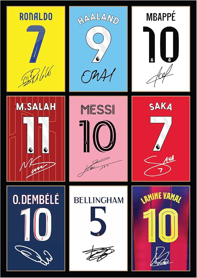 Icons Wall Art Bellingham Messi Ronaldo Mbappe Lamine Yamal Salah Dembele Saka Haaland Signed A4 Printed Photo Picture Display Gift For Football Fans Digitally Reproduced Signatures Unframed