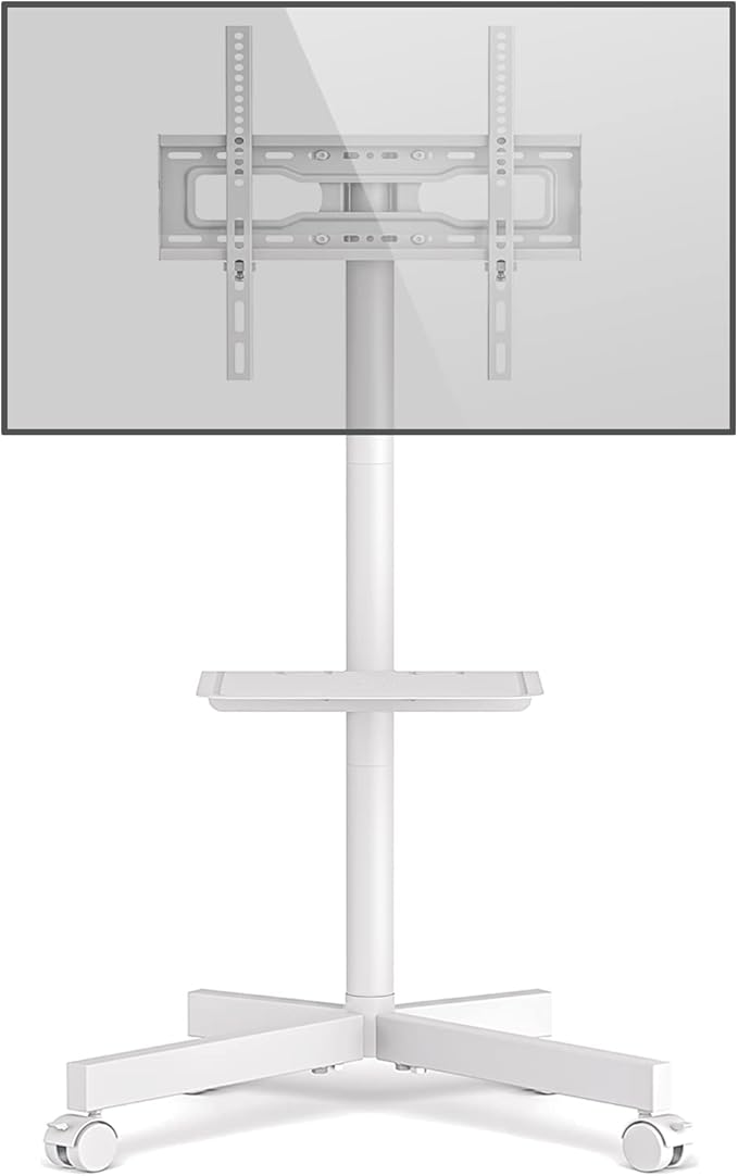RFIVER Mobile TV Stand on Wheels for 27-60 Inch LCD LED Flat Screen Curved Screen TVs up to 40 kgs, Height Adjustable Shelf Rolling TV Cart as a Movable Portable TV Stand, Max VESA 400x400mm, White