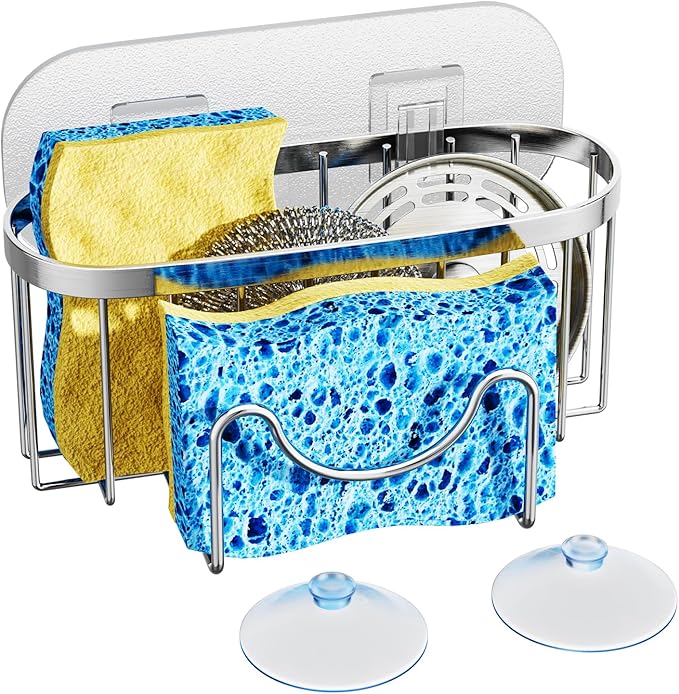 HapiRm Sponge Holder for Kitchen Sink, M-Shaped Kitchen Sink Caddy, Stainless Steel Sponge Holder no Drilling, Rustproof Tidy for Sponge Brush Tidy Stopper, with 2 Adhesives, Silver