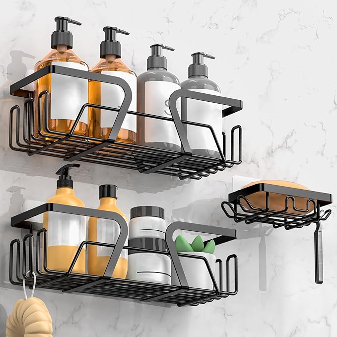Kegii 3-Piece Shower Caddy & Soap Holder Set - Adhesive Shower Shelf Stainless Steel Bathroom Shelf, No Drilling, Black