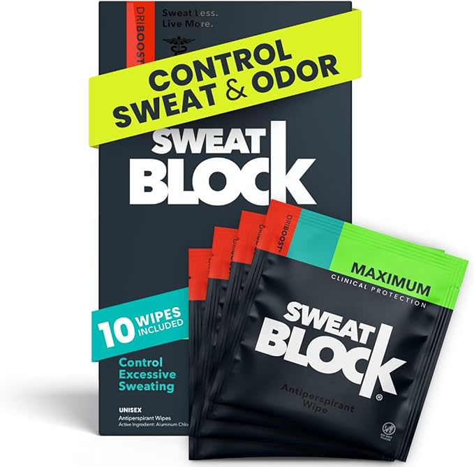 SweatBlock Clinical Strength Deodorant Antiperspirant Wipes - Treat Hyperhidrosis & Excessive Sweat - Men Women & Teens - 7 Days of Sweat Protection Per Wipe - Dermatologist Tested Unscented 10 ct