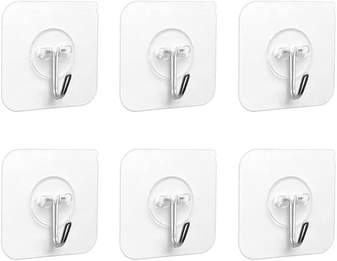 6 Pcs Adhesive Hooks - Clear Self Adhesive Plastic Sticky Hook 5Kg (Max),Wall, Stick on Hooks,Bathroom Hook, for Hanging,Key,Plug,Kitchen Utensils,Towel