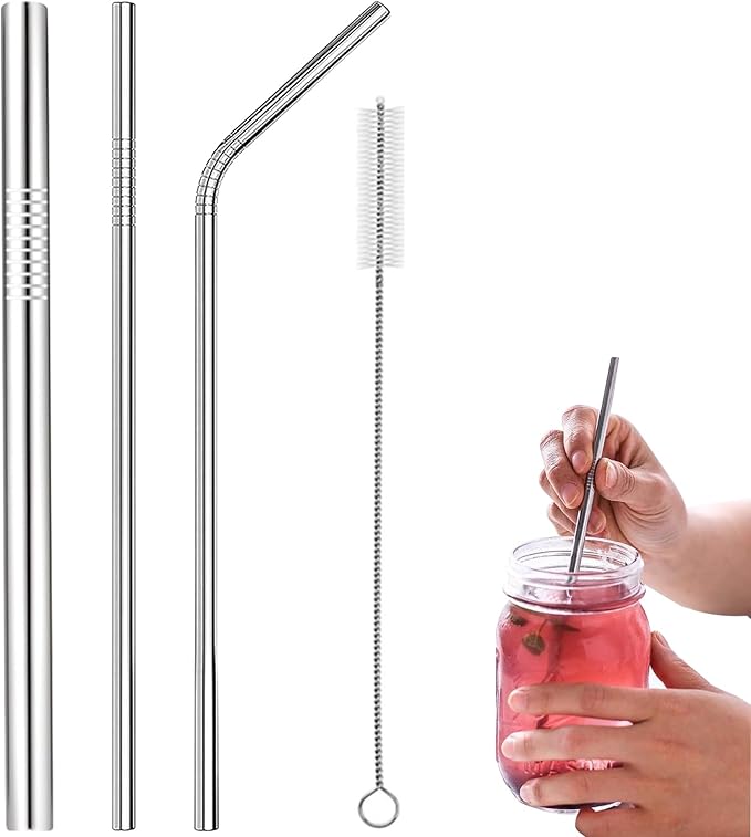 304 Stainless Steel Straws, Reusable, 3 Metal Drinking Straws in Set, with Cleaning Brushes, Environmentally Friendly, Non-Toxic, Washable, Ideal for Smoothie, Milkshake